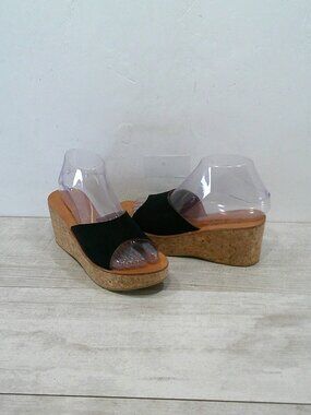 K. Jacques St. Tropez SEXY Black Suede Leather Cork Wedge Heels Size 37